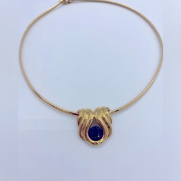 Vintage Nolan Miller Gold Tone Necklace With Gold Tone Blue Sapphire Slide - Picture 7 of 13